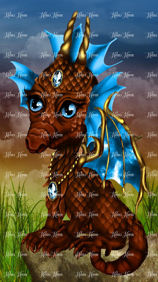 A bejewelled dark red dragon with blue frills on a rock with a sunset sky and clouds