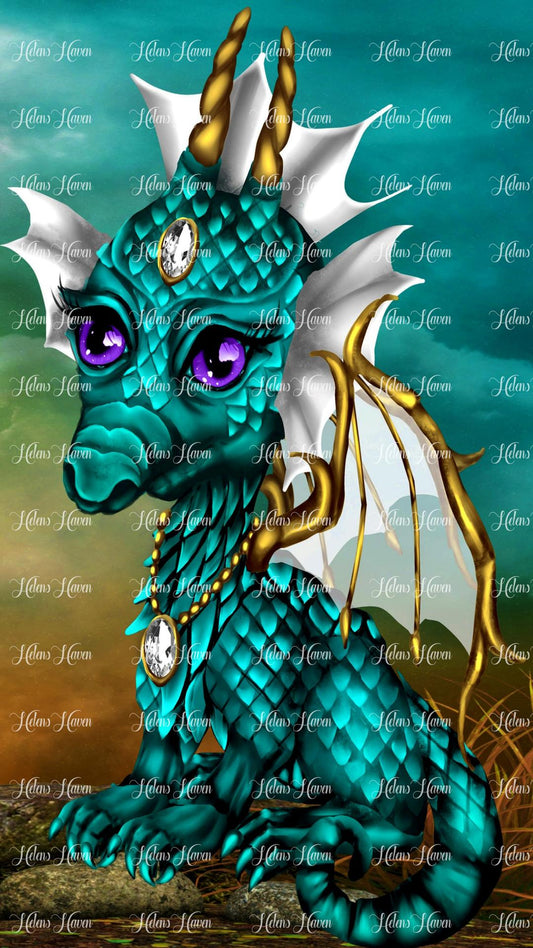 A bejewelled teal dragon with a teal sunset sky behind it