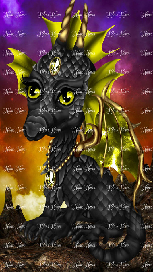 A bejewelled black dragon with citrine frills in front of a stormy purple and orange sunset sky