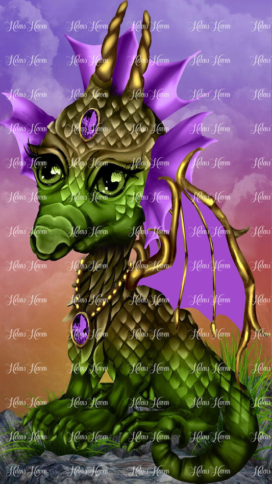 A bejewelled green dragon with purple frills sitting on a rock in front of a glorious sunset sky