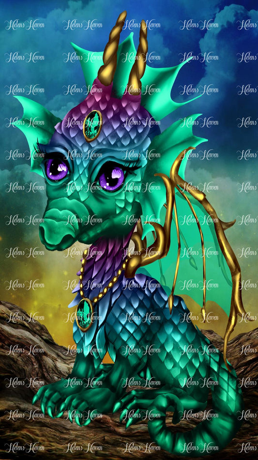 A bejewelled purple and teal dragon with purple eyes and teal frills that is sitting on a rock in front of a dark blue and gold stormy sky