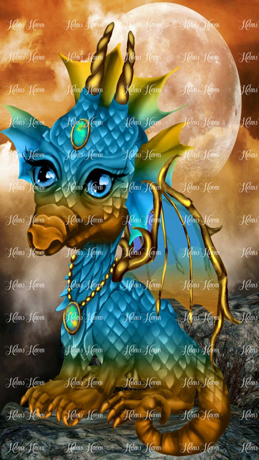 A bejewelled with opals blue and orange dragon with the moon behind it and a cloudy sunset