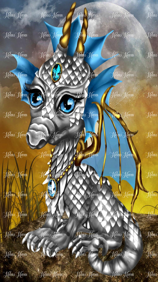 A bejewelled silver dragon with the moon behind it and a lovely golden sunset sky with blue eyes, frills and jewels.