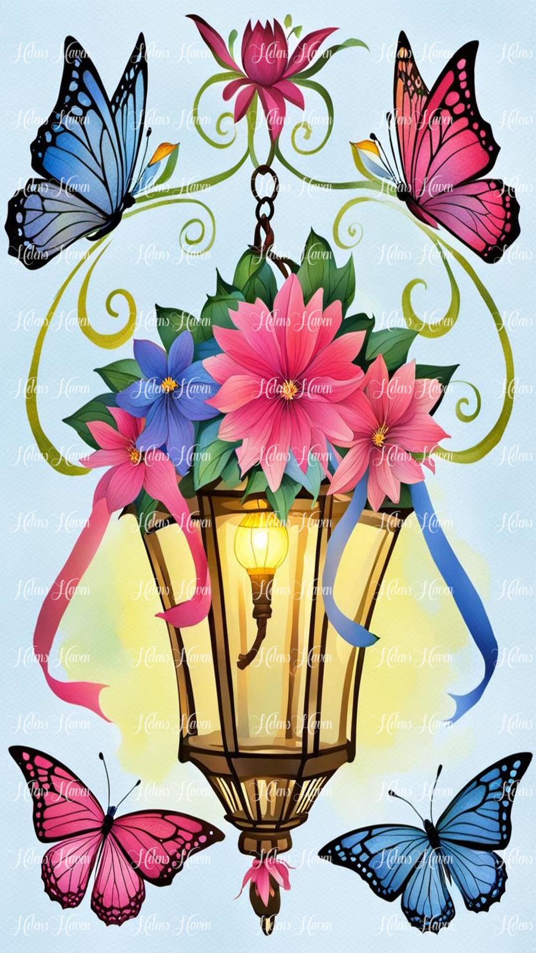 A lantern adorned with blue and pink flowers surrounded by blue and pink butterflies