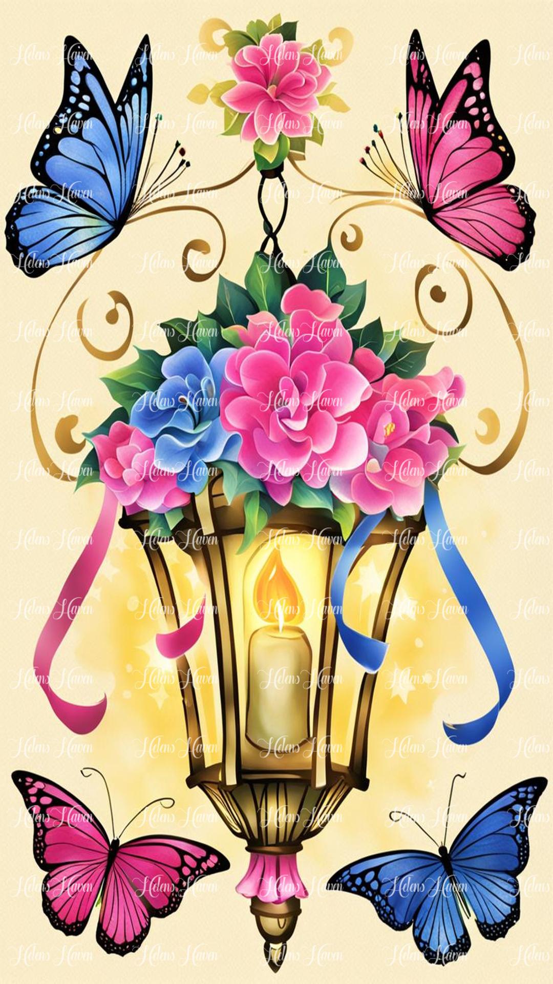 A lantern adorned with blue and pink flowers surrounded by blue and pink butterflies on a golden background