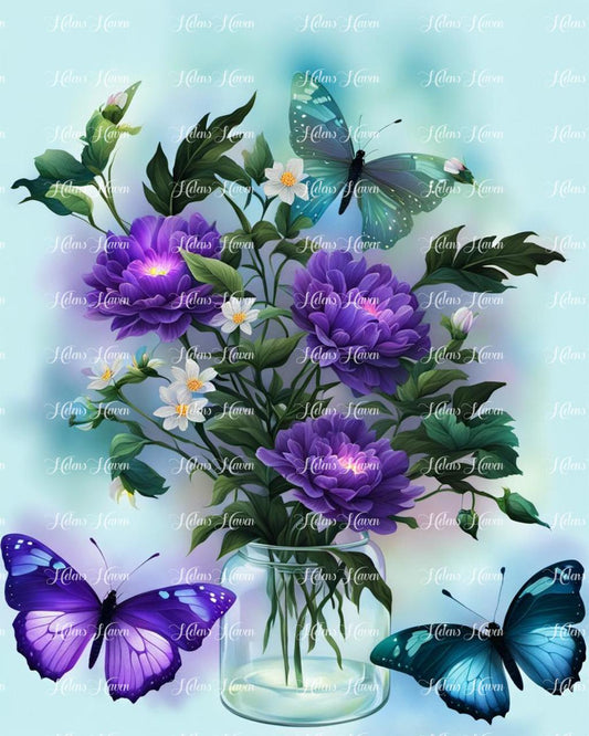 A beautiful jar of flowers on a pale blue background with purple and white flowers and glowing butterflies