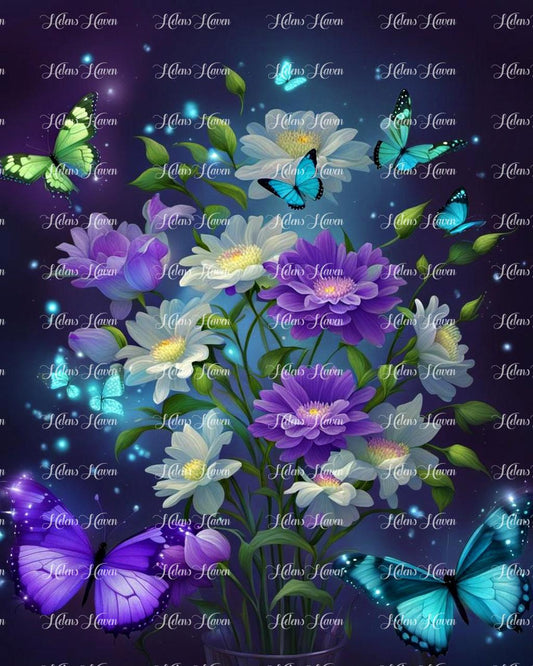 Purple and white flowers with glowing butterflies on a dark starry night background