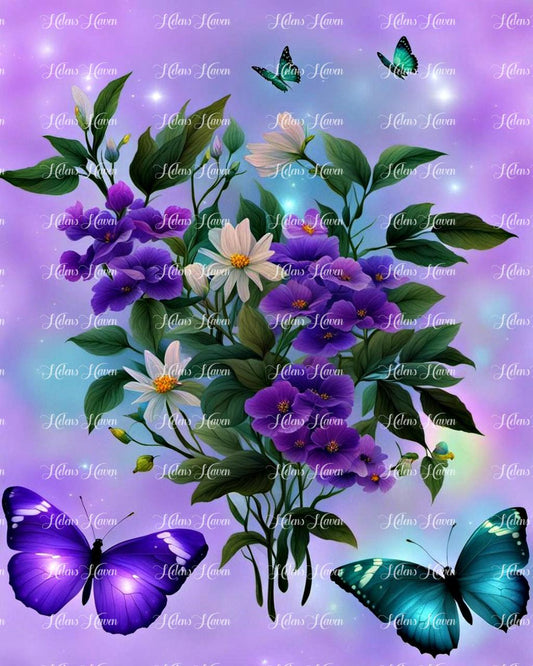Purple and white flowers with glowing butterflies on a light purple background with blue highlights