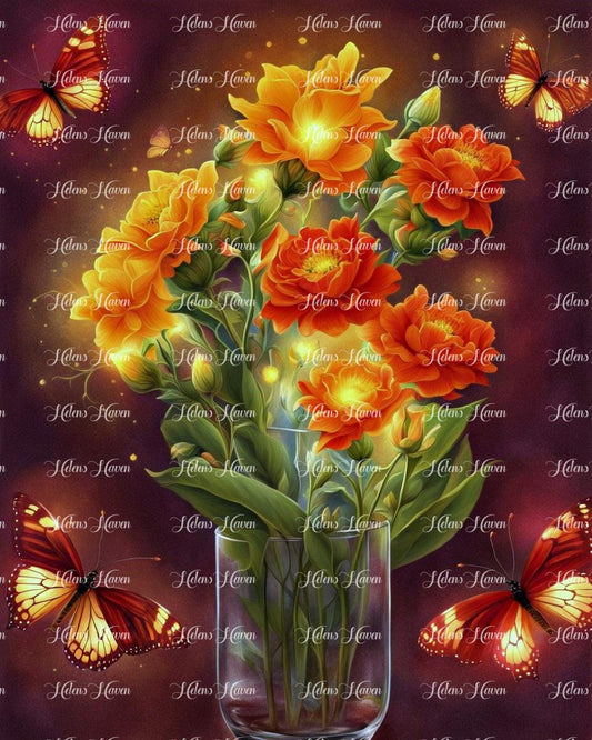 Orange and red flowers with glowing butterflies fluttering around the edges 