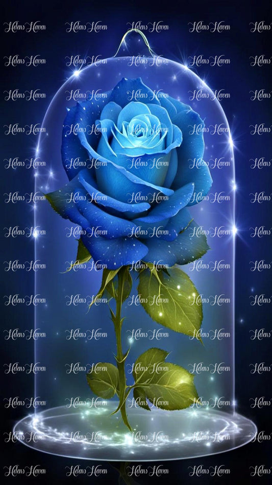 A single blue glowing rose in a crystal clear glass display dome