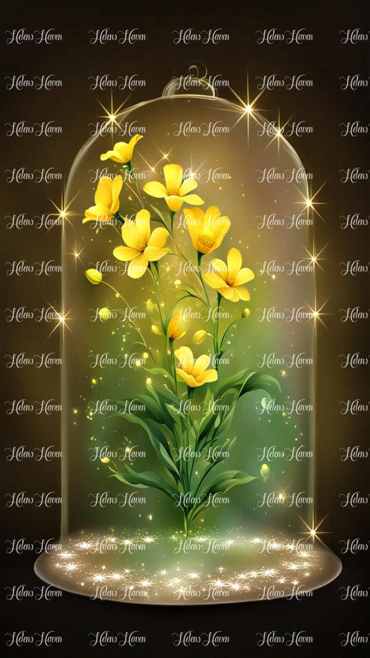 A display of pretty yellow glowing flowers inside a glass done