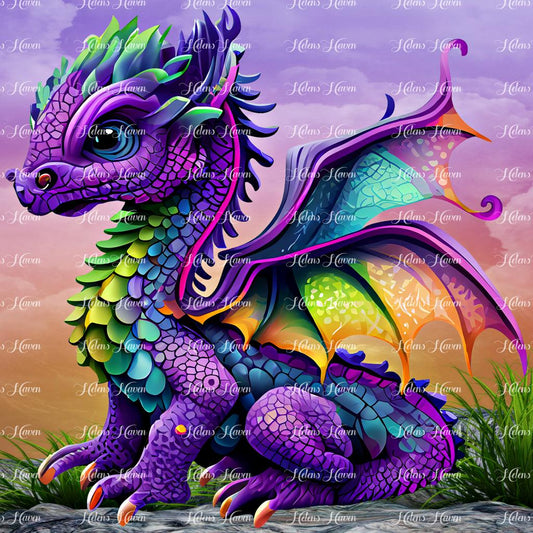 A vibrant purple baby dragon sitting proudly