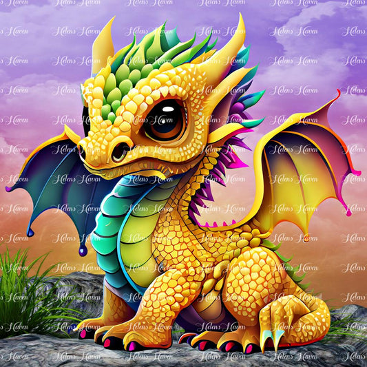 A stunning yellow dragon baby sitting on a rock watching