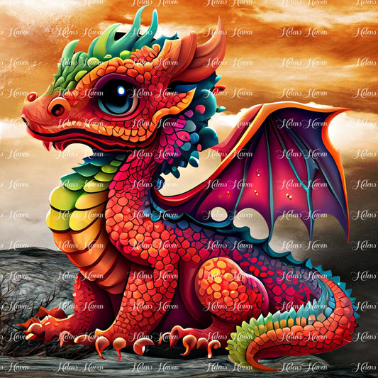 A fiery coloured dragon baby watching the skies