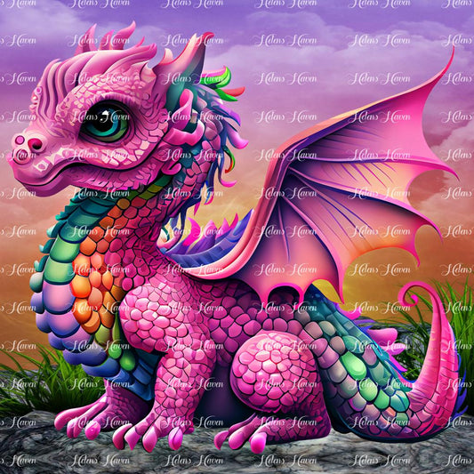 A magenta baby dragon surveys the cliff tops