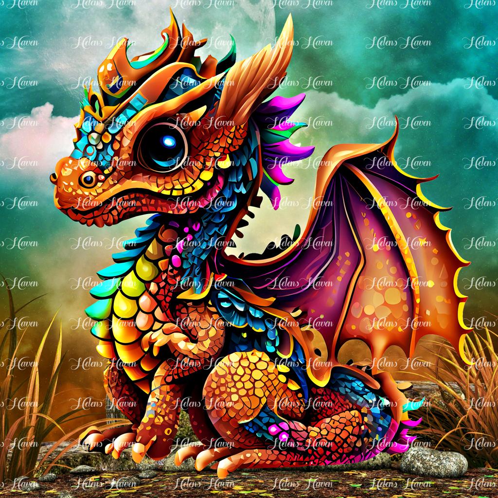 A stunning orange and teal baby dragon 