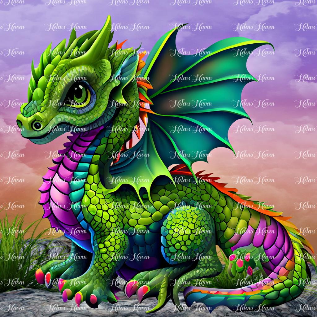 A green dragon with pink toenails sits alert on high with keen awareness