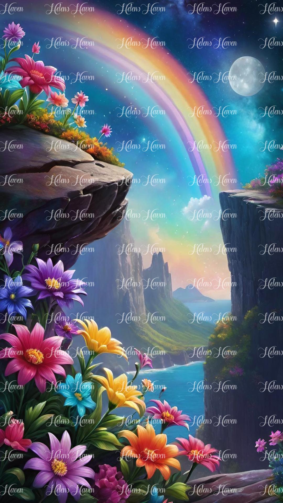 Cliff scene with pretty flowers and rainbow