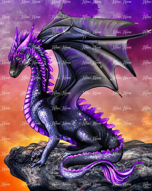 A purple dragon surveys the land below with a commanding presence