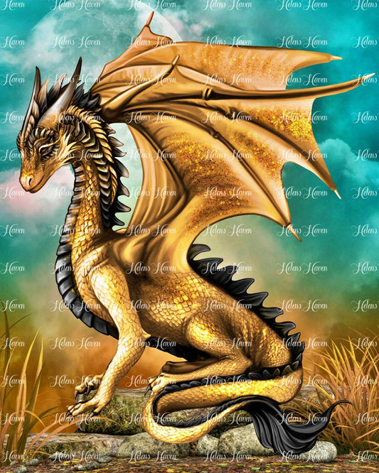 A golden dragon with teal accents glistens 