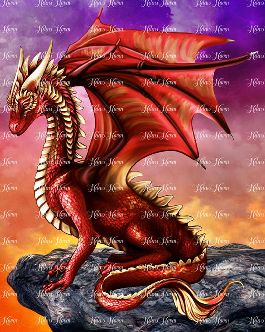 A fiery red dragon surveys the lands below from his cliff top ledge
