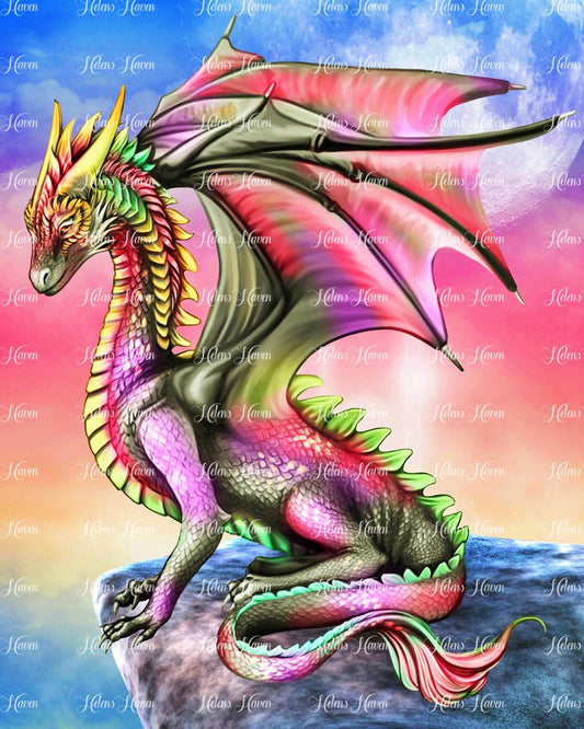 Up high on a cliffs edge sits a pink dragon with accents of yellow ready for action