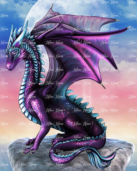 A royal poise a purple blue dragon surveys the land below from his lofty outpost