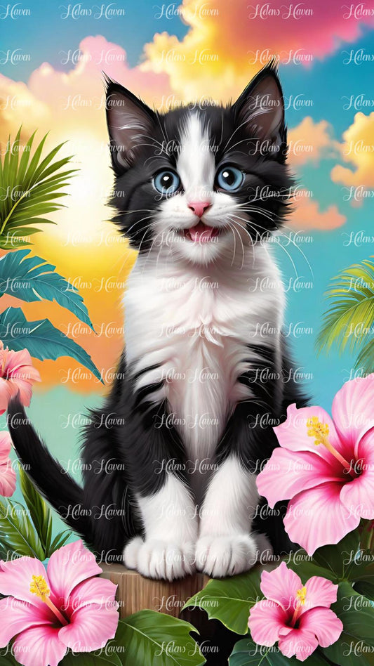 Black and white kitten in tropical setting