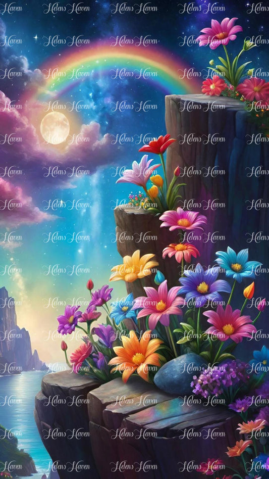 Cliff scene with pretty flowers and rainbow night sky