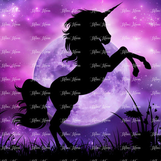 A pink and purple starry night with a black unicorn silhouette