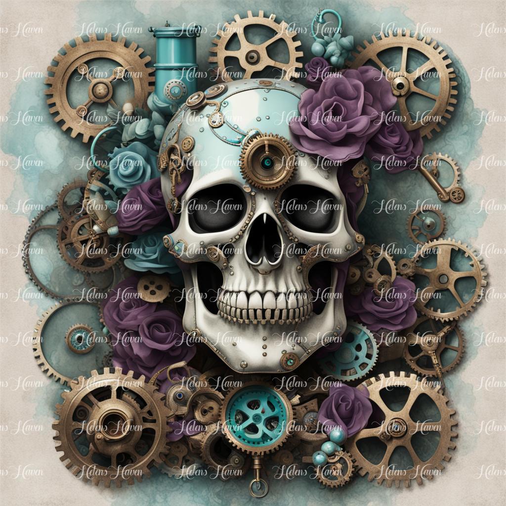 Steampunk skull with cogs, gears, flowers in teal and in eggplant purple