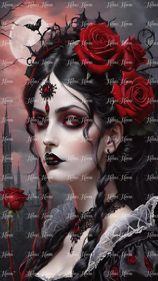 Gothic girl red roses and red sky