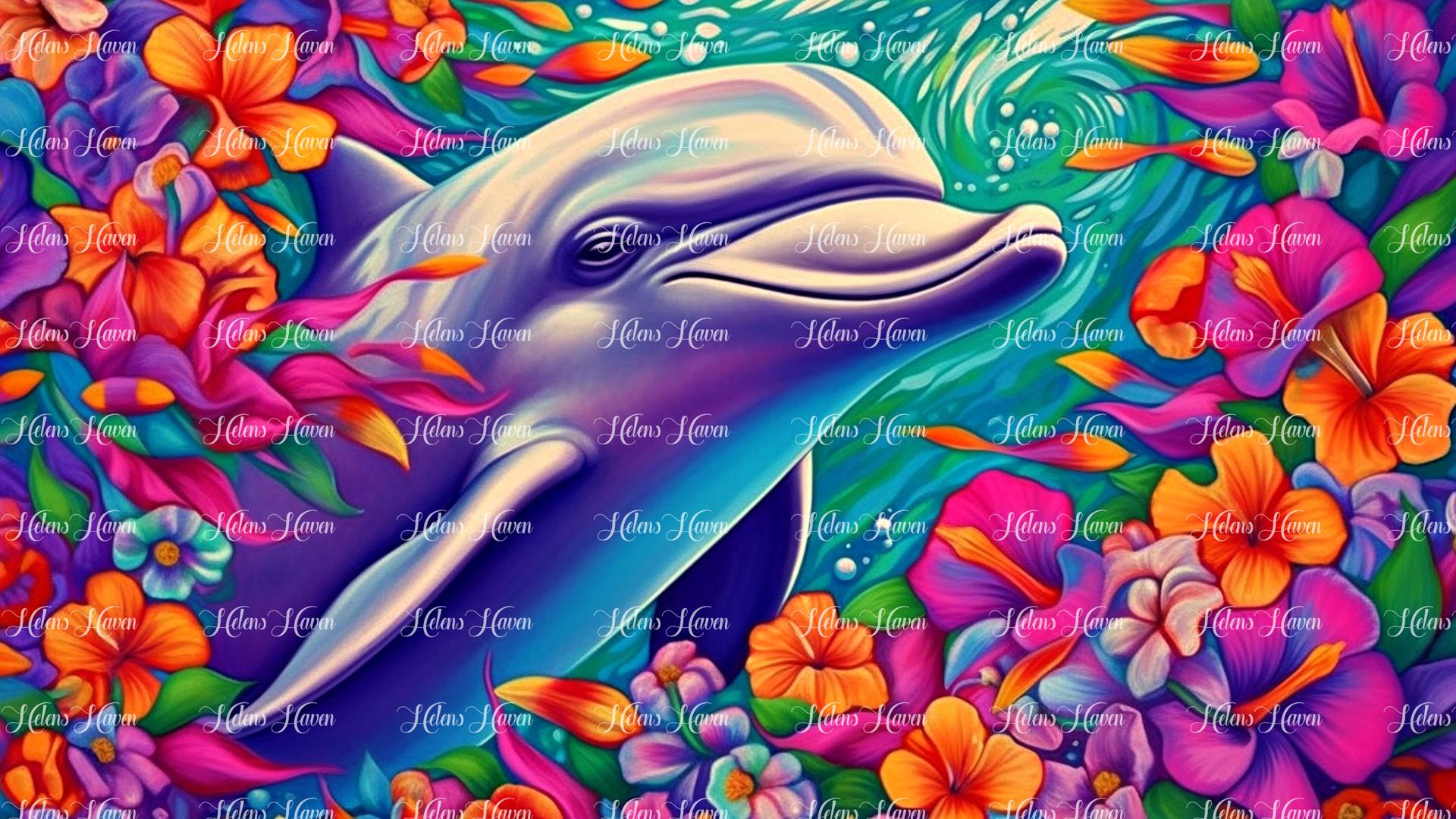 Landscape Neon Dolphin swimming in a sea of flowers