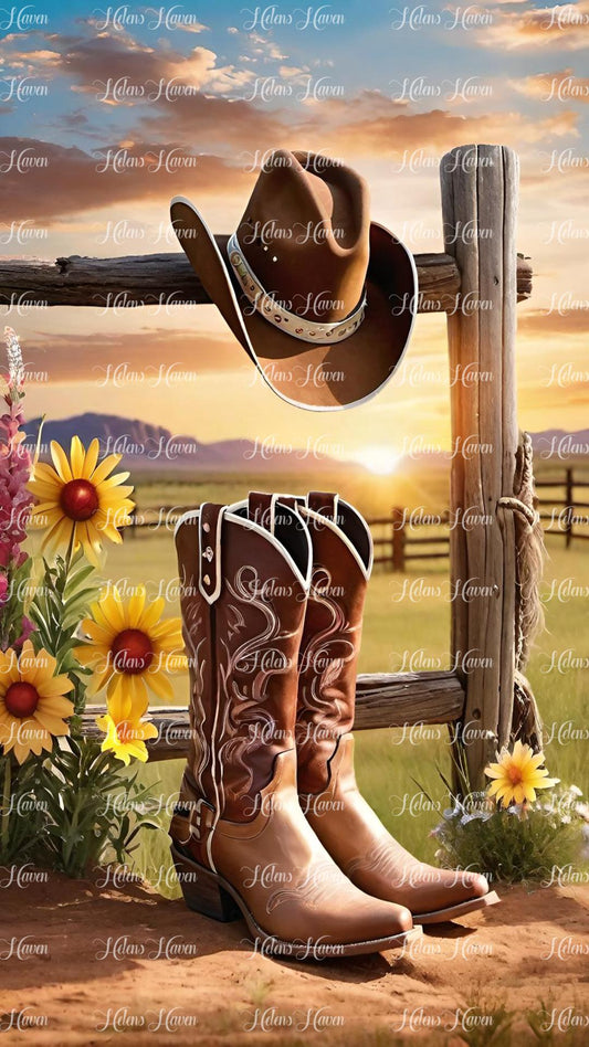 Tan cowboy boots and hat with sunflowers