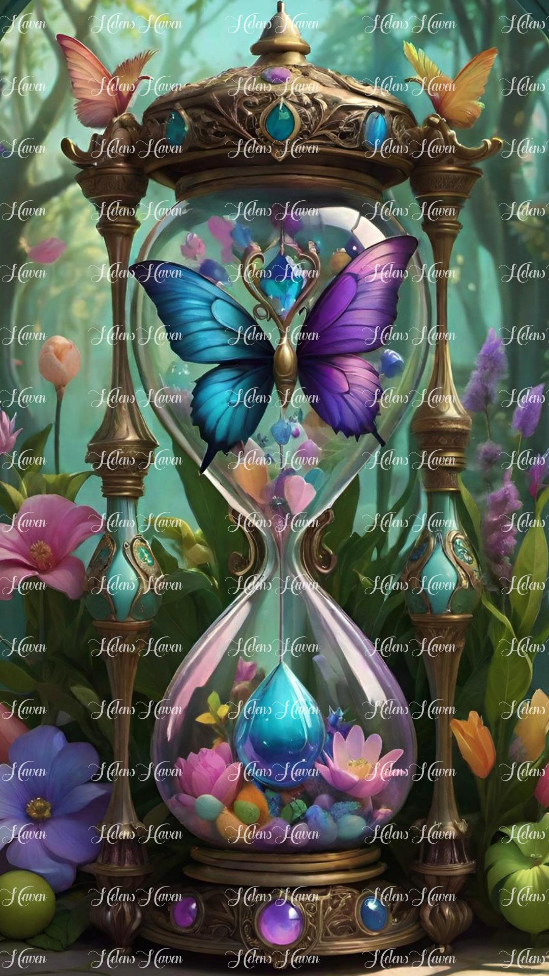 Ancient hourglass adorned with delicate butterflies and shimmering crystals