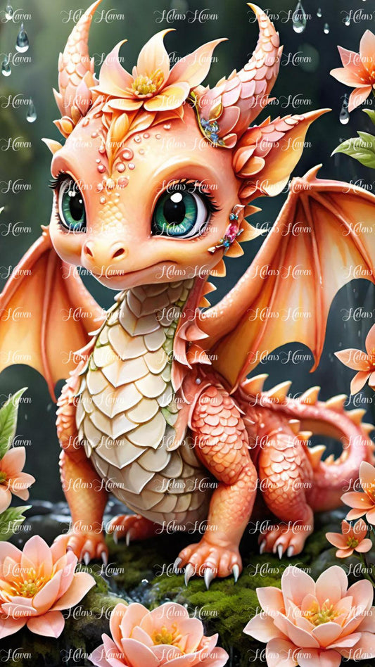 A baby apricot dragon nestled among orange flowers in the forest