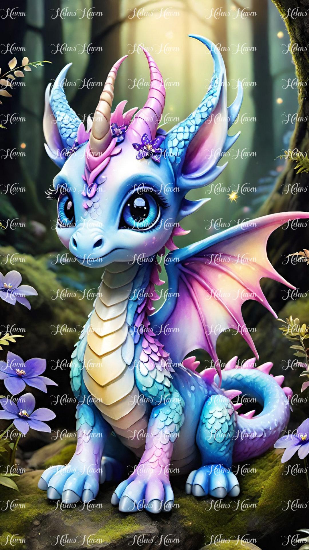 Cute baby dragon adorned in hues of blue and purple, frolicking amidst the lush greenery of the forest. 