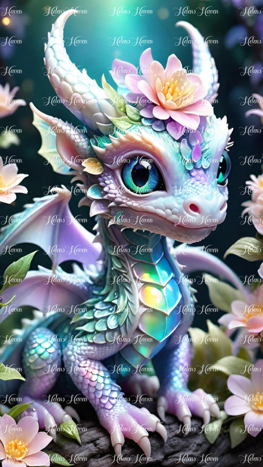 A shimmering opal baby dragon, its iridescent scales reflecting the light 