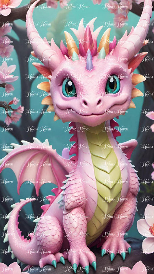 Happy pink baby dragon nestled amidst the tranquil forest. 