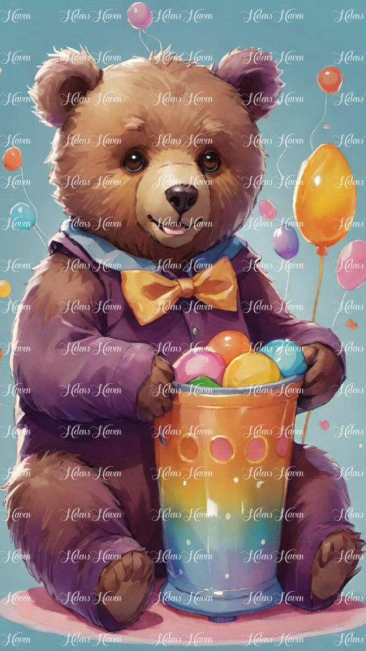 A cuddly teddy bear surrounded by colorful balloons. 