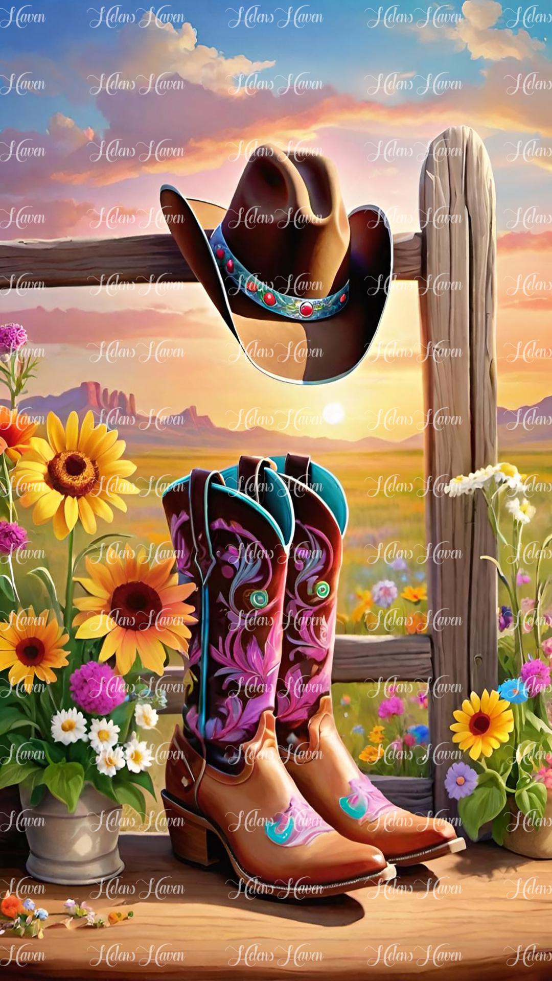 Tan and pink cowboy boots and hat with flowers