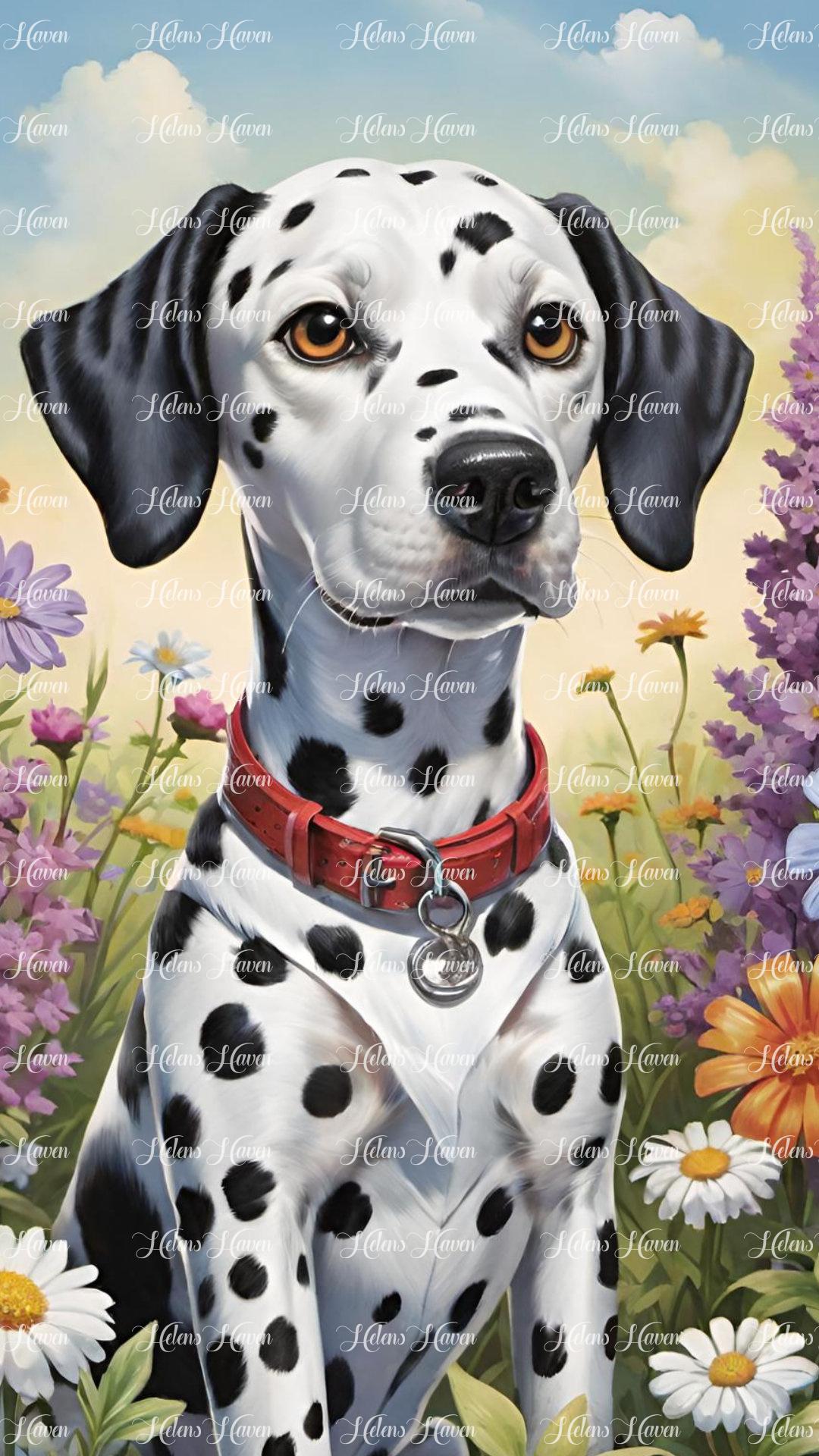 A spotted Dalmatian dog wearing a vibrant red collar, seated amidst a picturesque field of daisies and wildflowers.