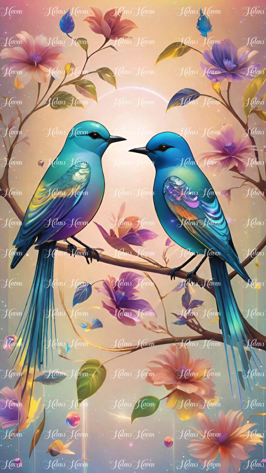 A pair of exquisite blue birds with feathers shimmering in the soft sunlight.