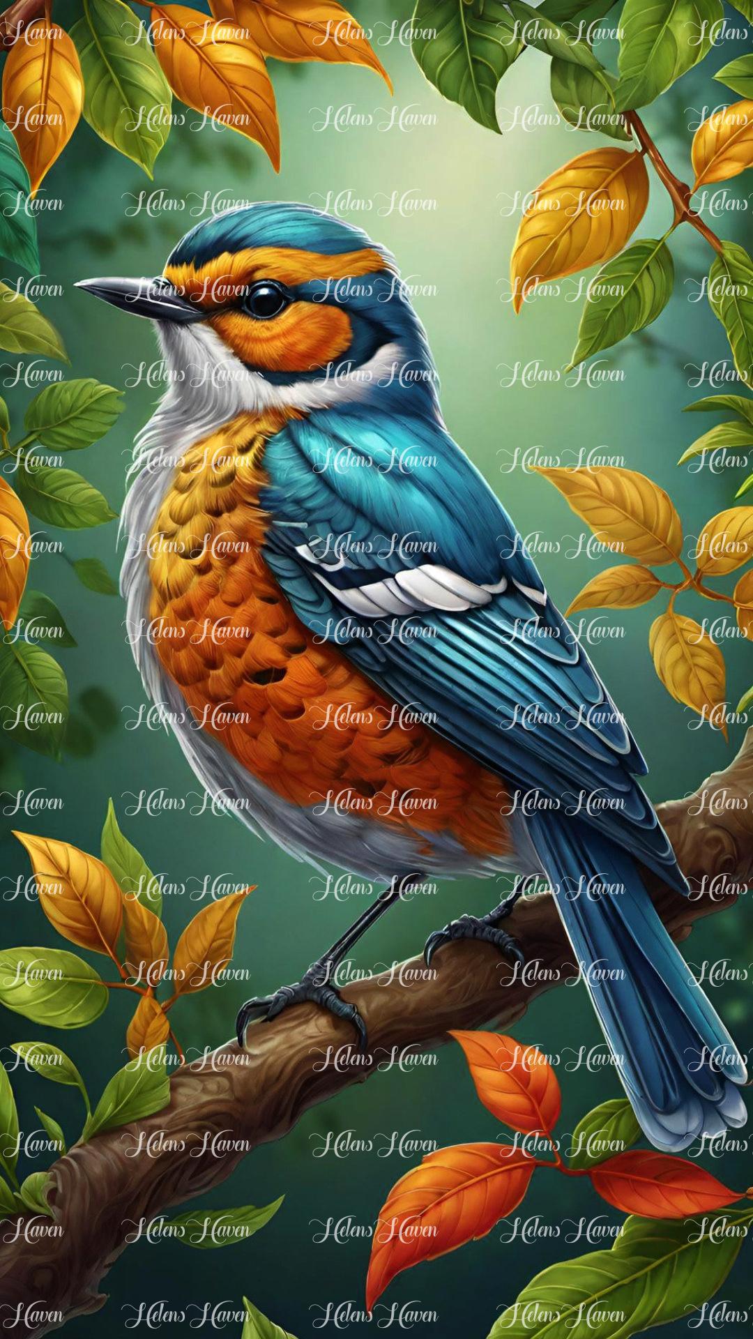 Striking orange and teal bird perched alertly on a branch, its vibrant feathers gleaming in the soft light. 