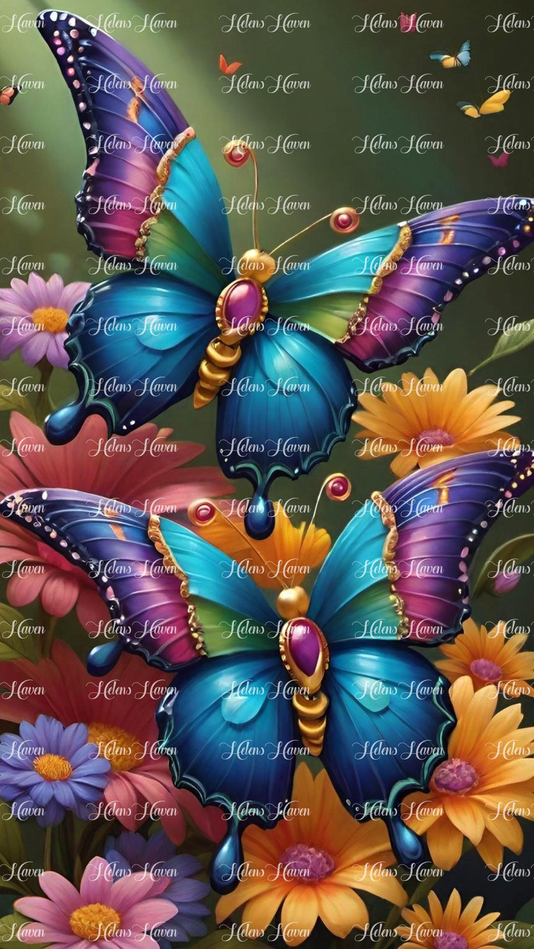 Blue & purple butterflies gracefully landing on a sea of pretty flowers in a forest glade. 