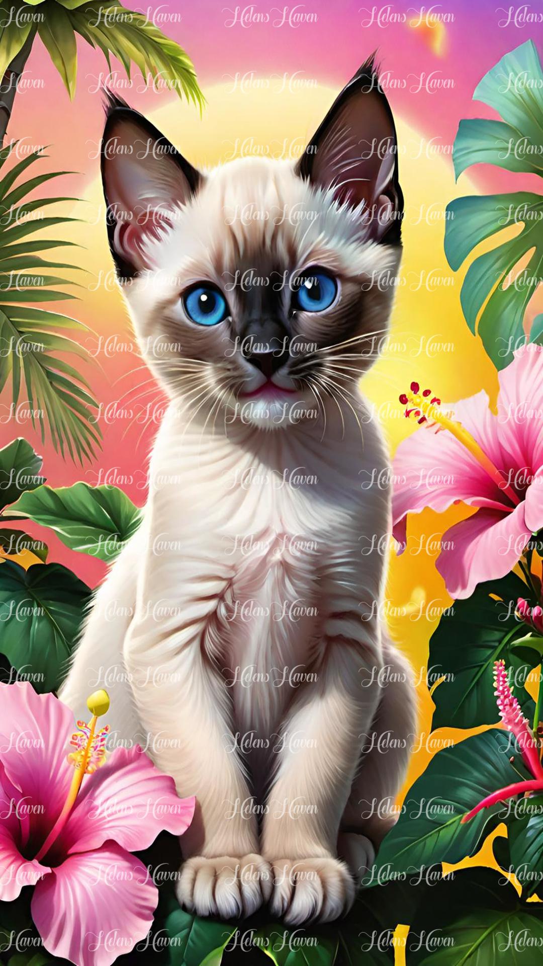 Siamese kitten tropical flower scene