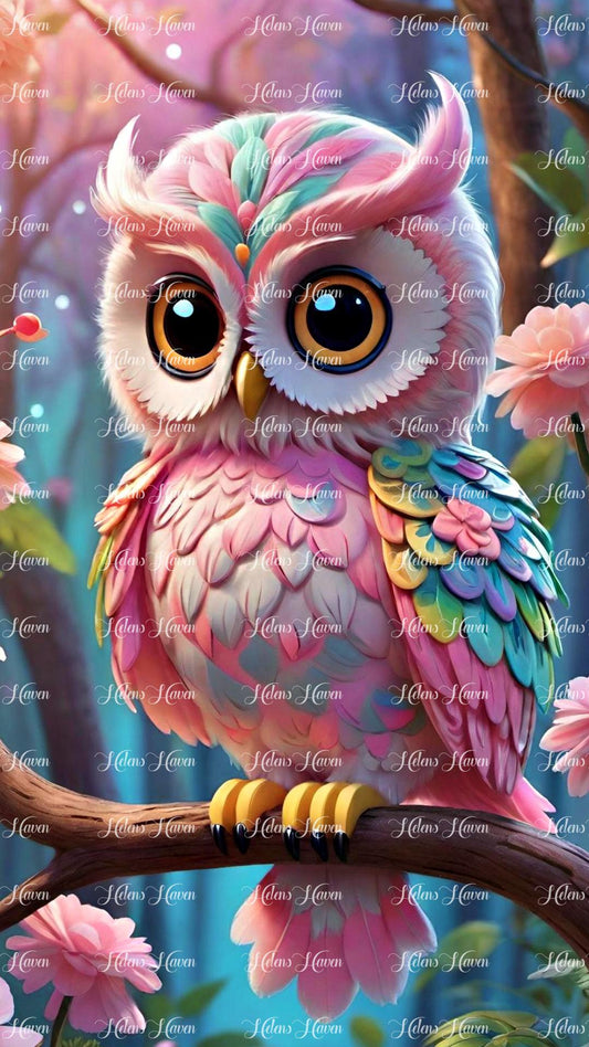 a pink iridescent owl surveys its surroundings with wise and watchful eyes. 