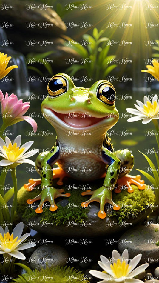 Perched contentedly on a moss-covered rock in the tranquil pond, a happy frog basks in the warmth of the sun,