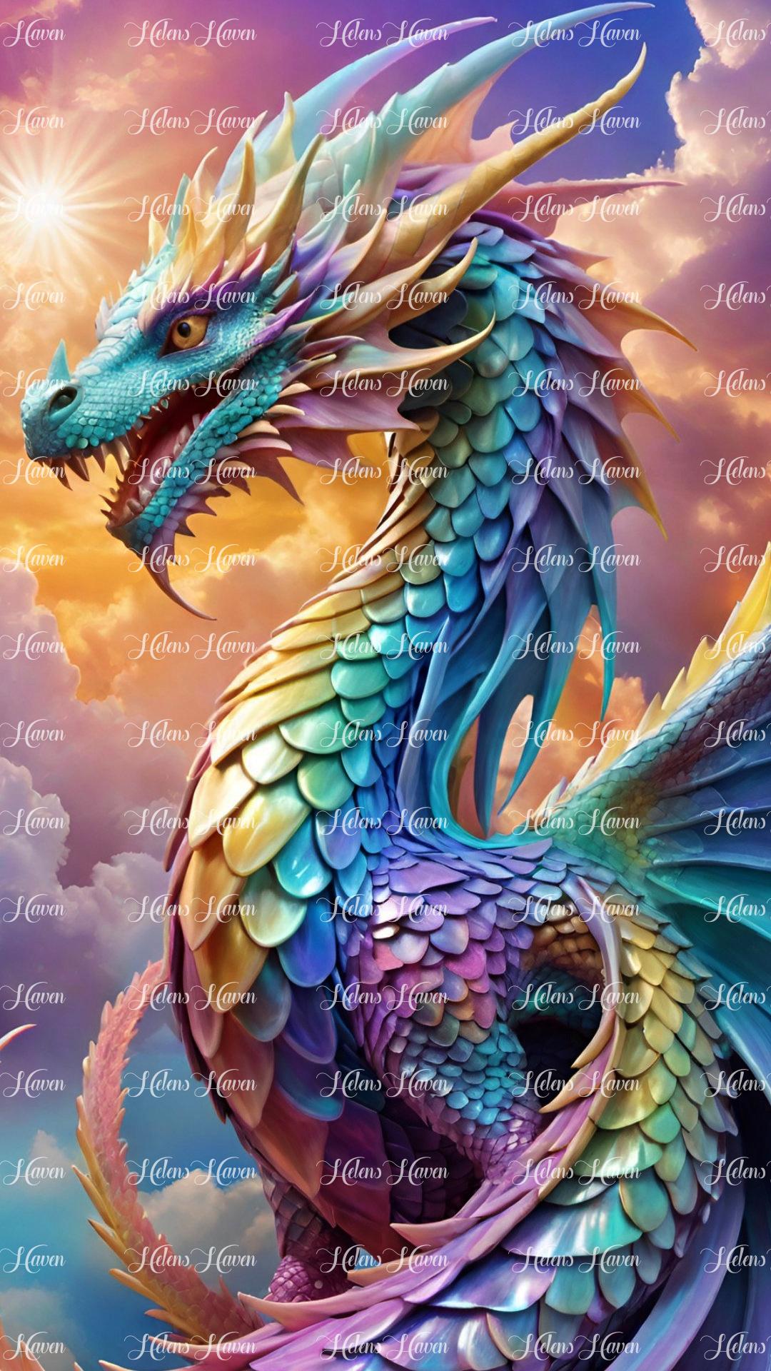 Perched high amidst the billowing clouds, a dragon with iridescent scales sits vigilantly, its majestic form outlined against the shifting canvas of the sky.