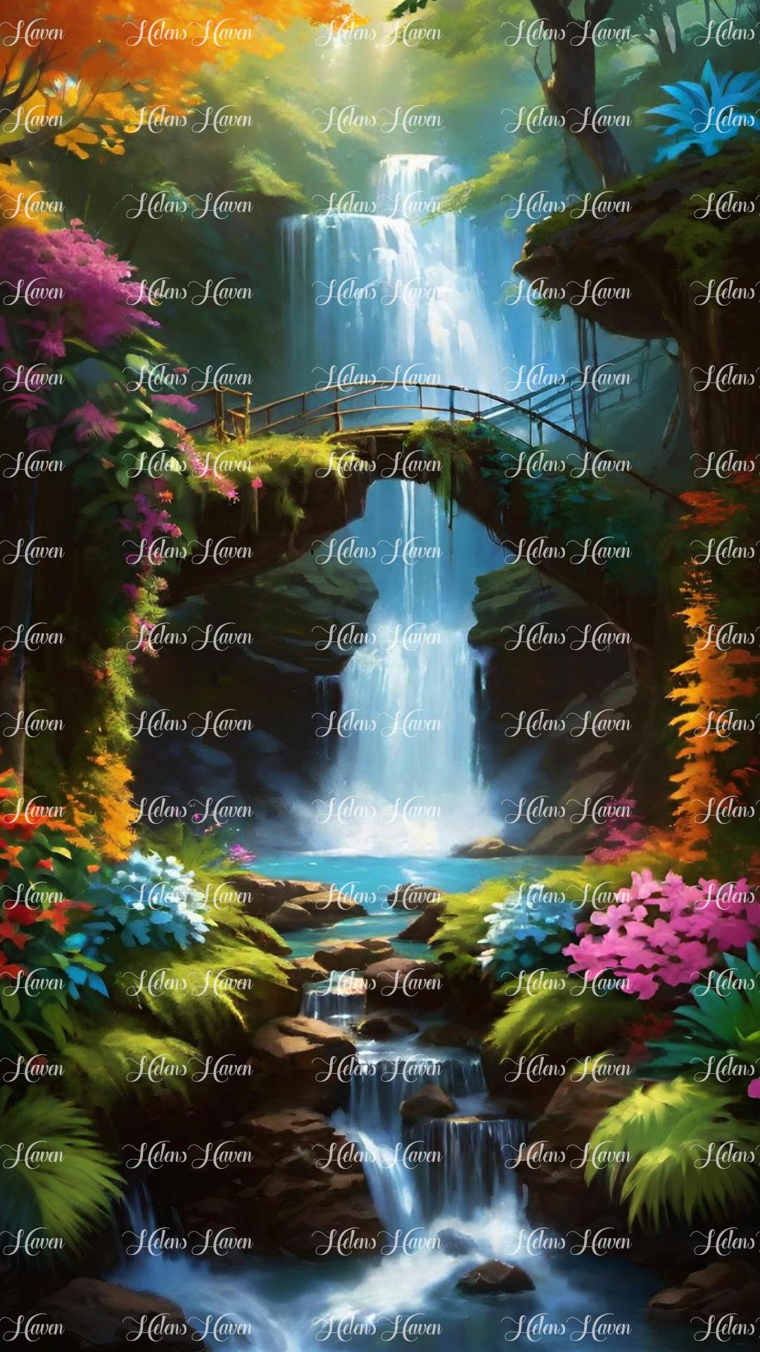 Amidst the lush embrace of the forest, a stunning waterfall cascades down with breathtaking splendor